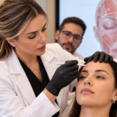 Instrutora marca a linha de convergência na fronte durante aula prática de curso botox para médicos
