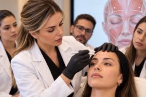 Instrutora marca a linha de convergência na fronte durante aula prática de curso botox para médicos