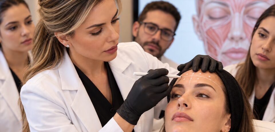 Instrutora marca a linha de convergência na fronte durante aula prática de curso botox para médicos
