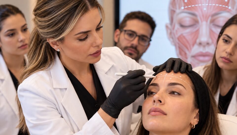 Instrutora marca a linha de convergência na fronte durante aula prática de curso botox para médicos