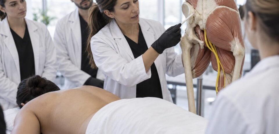 Médica demonstra marcação anatômica da região glútea em aula prática de curso de preenchimento glúteo