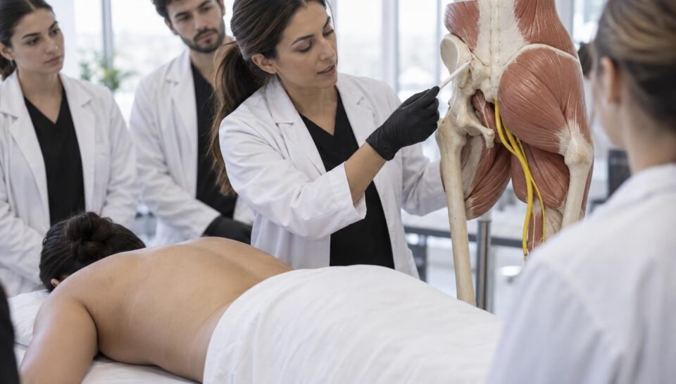 Médica demonstra marcação anatômica da região glútea em aula prática de curso de preenchimento glúteo