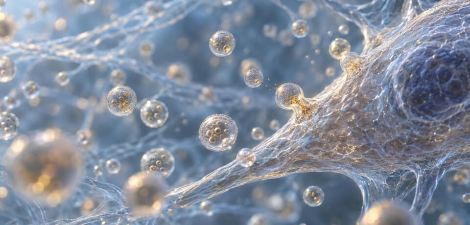Médica avaliando frasco de produto com exossomos para dermatologia estética em consultório